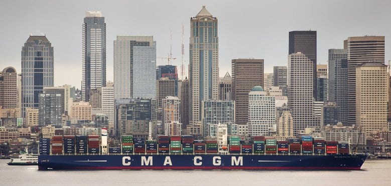 The CMA CGM Benjamin Franklin,<br /> the largest cargo ship to visit the United States, arrives Monday along the Seattle waterfront as it heads to Terminal 18 in Seattle. The Benjamin Franklin is more than 1,300 feet long, 177 feet wide and has a draft of 52 feet. London is the Benjamin Franklin's home port.