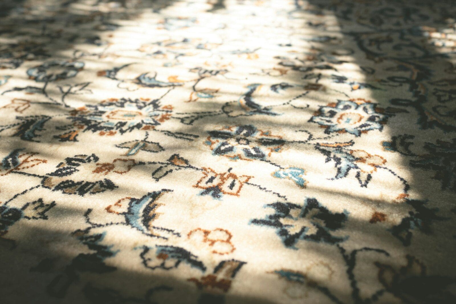 Close-up of a floral patterned rug with sunlight shadows.